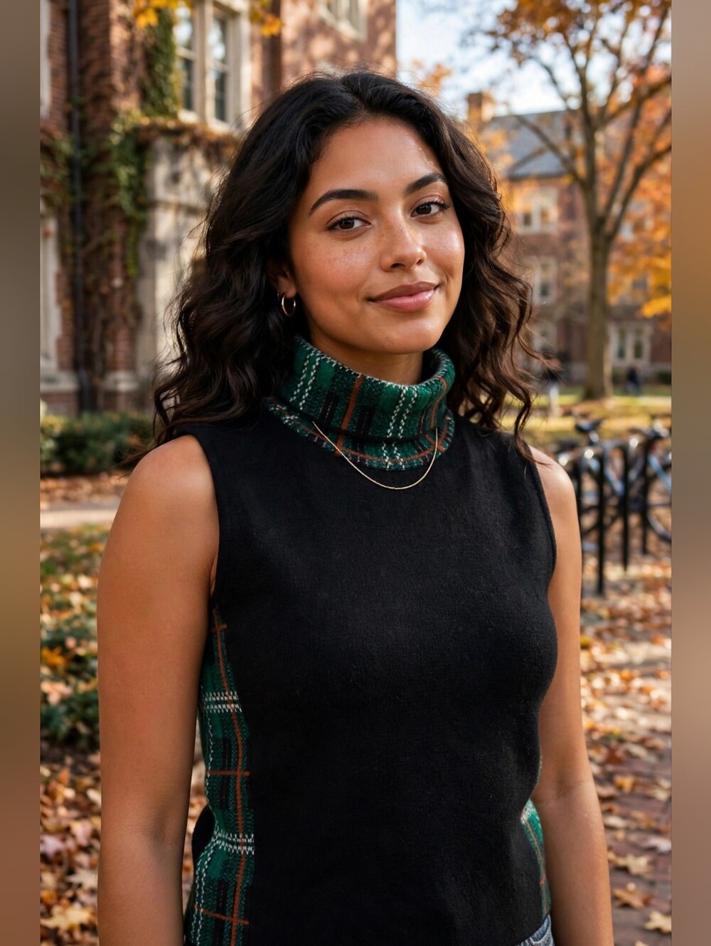 Madame Knitwear Emerald Green Plaid Trim Turtleneck Sweater Vest, Size XL